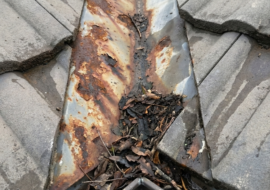 Close up of rusted and debris-filled roof valley